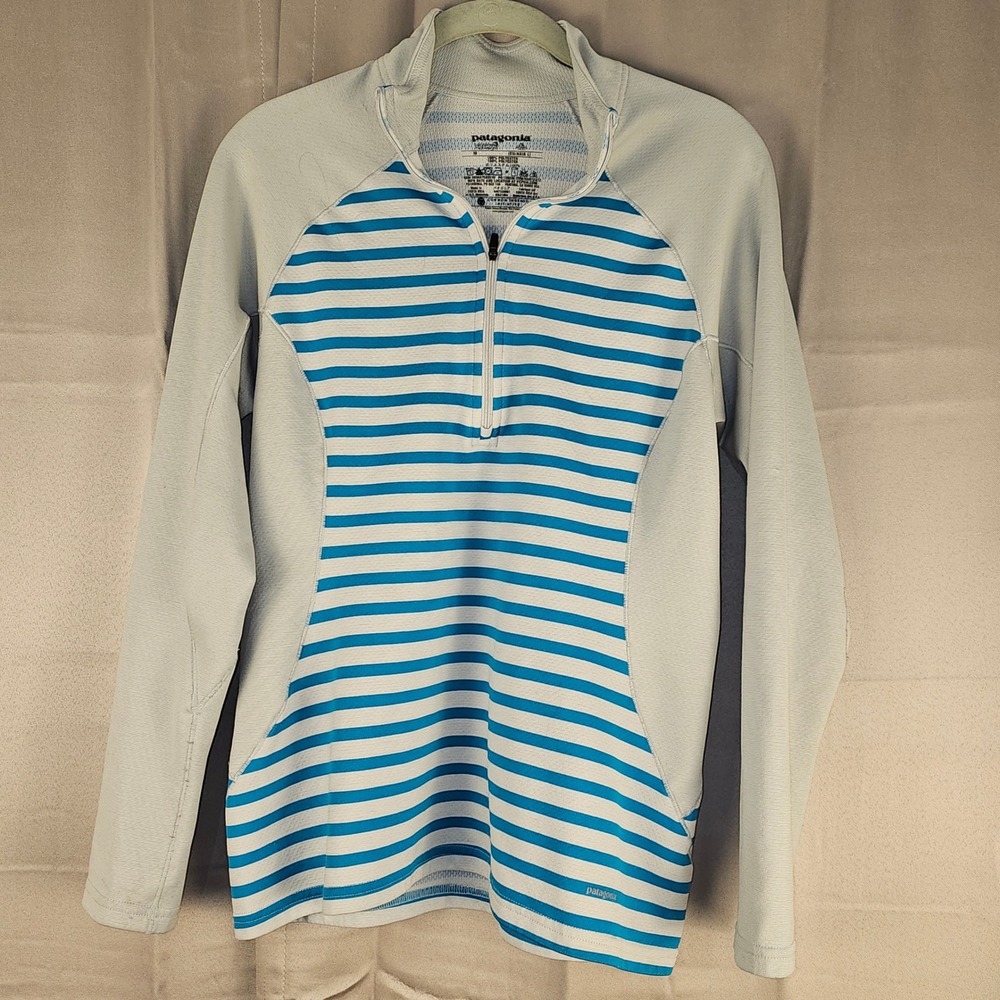 Patagonia Womens Blue Striped Capilene 3 Midweight Zip Neck Long Sleeve Top Med